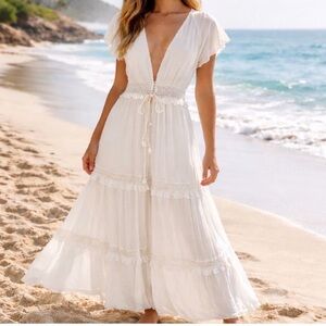 MABLE Crochet Lace Tiered Maxi Dress Womens S/M Ivory Beach Bride Boho Flowy NEW